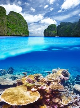 Beautiful lagoon with coral reef bottom underwater and above water split view