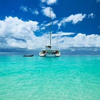 Beautiful beach with boat at Seychelles, Praslin, Anse Lazio