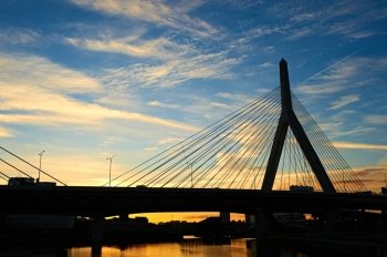 Zakim Bunker Hill Memorial Bridge at sunset in Boston, Massachusetts