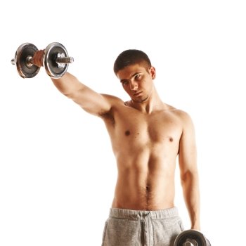 Man working out with dumbbells on white background