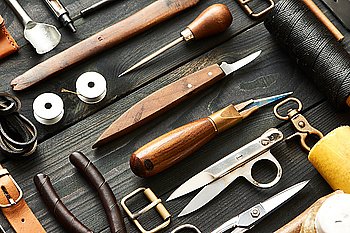 Leather crafting DIY tools flat lay still life 