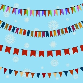 Set of festive colored flags on curved ropes