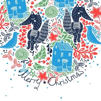 Christmas vector illustration of abstract houses and animals