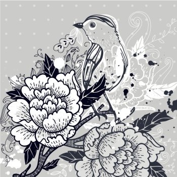 Vector floral illustration of an abstract bird and blooming roses