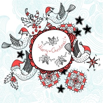 Christmas vector illustration with cute flying birds