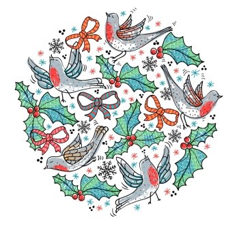 Christmas vector illustration of bows, birds and berries