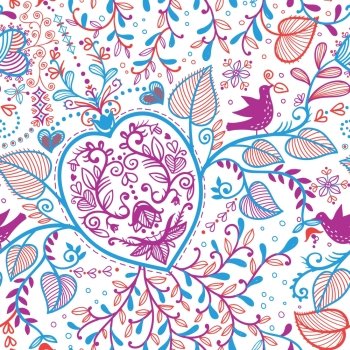 vector floral  seamless pattern with fantasy plants and birds