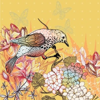 vector illustration of   a forest bird and  blooming flowers 