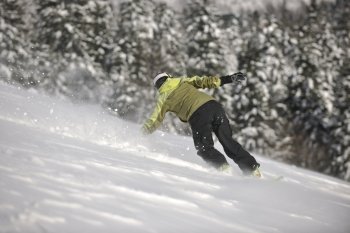 snowboarder woman enjoy freeride on fresh powder snow on beautiful sunny winter morning