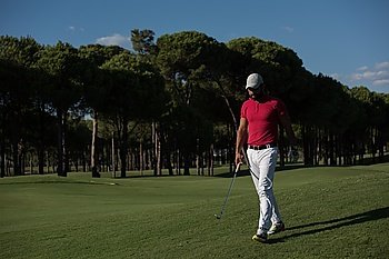 handsome middle eastern golf player carrying driver  and walking at course on beautiful morning