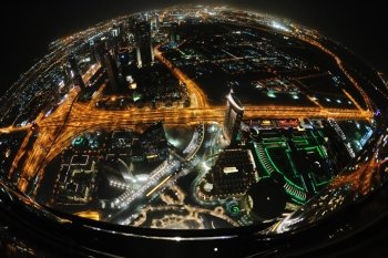Panorama of down town Dubai modern city at night