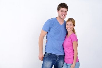 happy young casual couple portrait isolated on white background