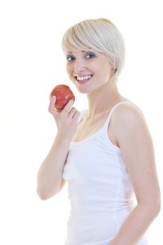 happy young woman eat green apple isolated  on white backround in studio