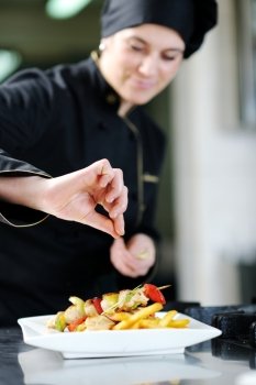 beautiful young chef woman prepare and decorating tasty food in kitchen