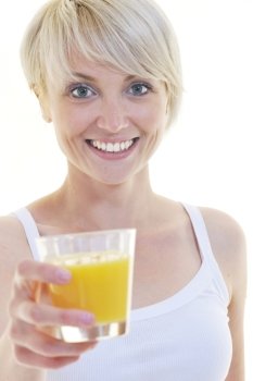 happy Young blonde woman drinking orange juice isolated over white background