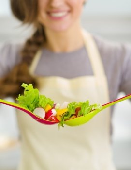 Closeup on spoon with vegetable salad in hand of housewife