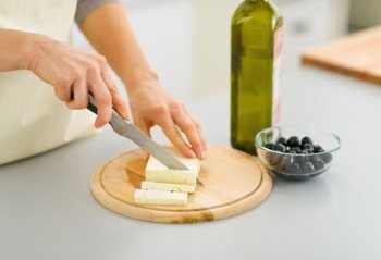 Closeup on woman cutting fresh cheese
