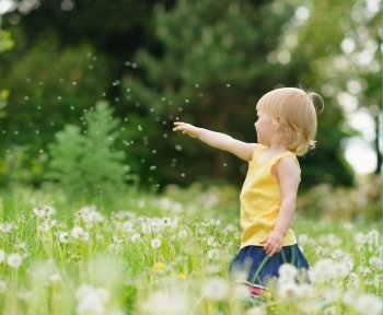 Baby girl playing with dandelions outdoors