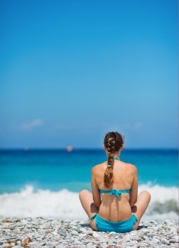 Woman sitting on sea shore. Rear view