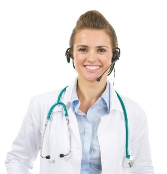 Portrait of happy doctor woman in headset