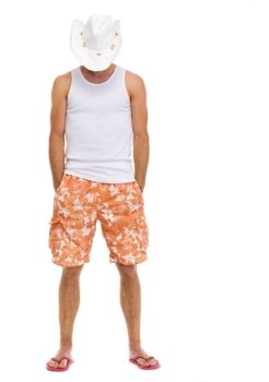 Full length portrait of on vacation man in shorts and holiday hat