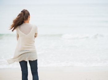 Young woman in sweater on beach . rear view