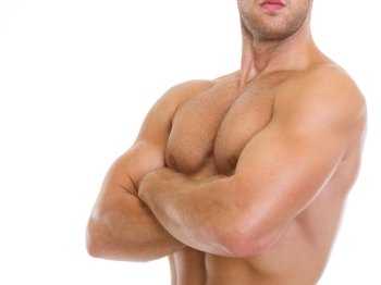 Closeup on muscular man showing chest muscles