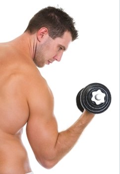 Male athlete with strong biceps rising dumbbell