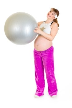 Smiling beautiful pregnant female  in sportswear holding fitness ball isolated on white 
