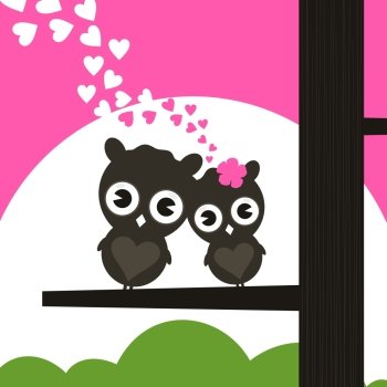 Enamoured owls. Two owls have fallen in love and sit on a tree. A vector illustration