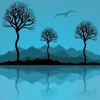 Trees are reflected in lake. A vector illustration