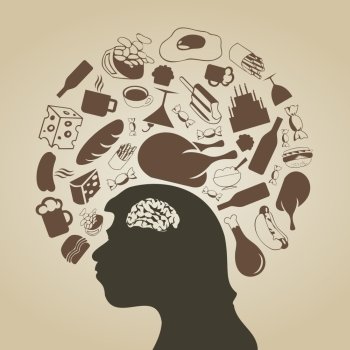 Food round a head of the man. A vector illustration
