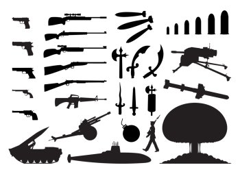 weapon. Silhouettes of the various weapon and engineering. A vector illustration