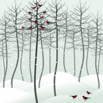 Birds sit on a tree in the winter. A vector illustration