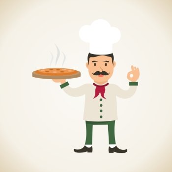 Italian chef with pizza. Vector illustration