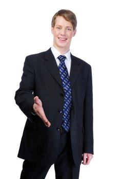 Young businessman greeting with handshake isolated on white