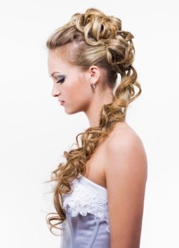 Young brife with beauty wedding hairstyle, profile - isolated on white