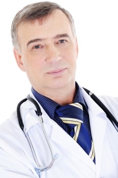 portrait of mature candid male doctor with stethoscope;