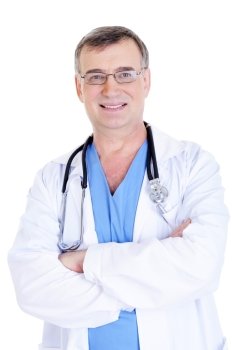 portrait of cheerful successful male doctor with stethoscope and in hospital gown