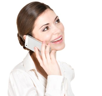 Portrait of  happy woman calling by mobile  in white shirt - isolated on white. 
