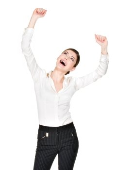 Young happy woman with raised hands up in white shirt - isolated on white background.