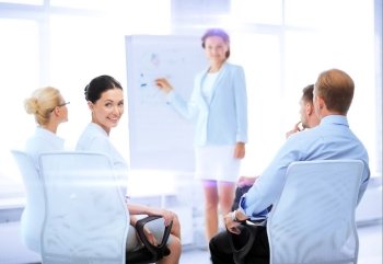 business and office concept - smiling businesswoman on business meeting in office