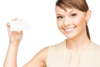 happy woman with blank business or name card