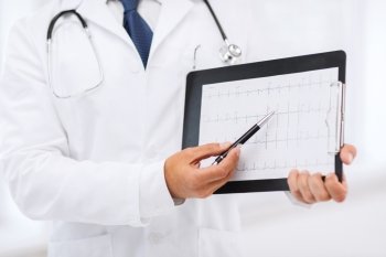 healthcare and medical concept - male doctor hands holding cardiogram