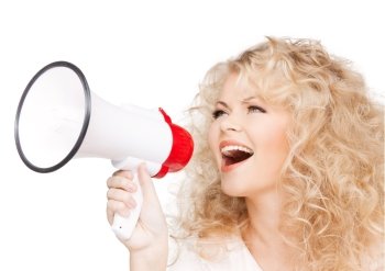 health and beauty concept - beautiful woman with long curly hair holding megaphone