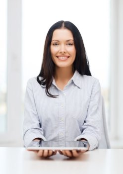 business, education, technology and internet concept - smiling businesswoman or student with tablet pc computer
