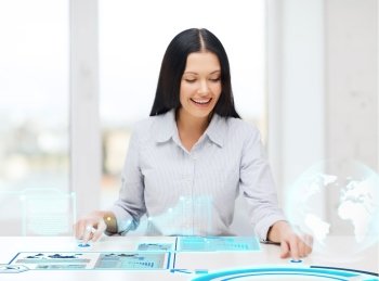 business, education and new technology concept - smiling woman pressing button on virtual screen