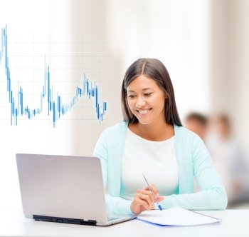 business, money and technology concept - asian businesswoman with laptop, documents and forex chart in office