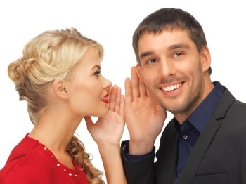 bright picture of man and woman spreading gossip (focus on man)