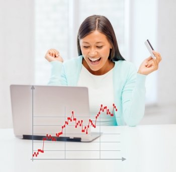 banking, business, finances and happy people concept - laughing businesswoman with laptop, credit card and forex graph